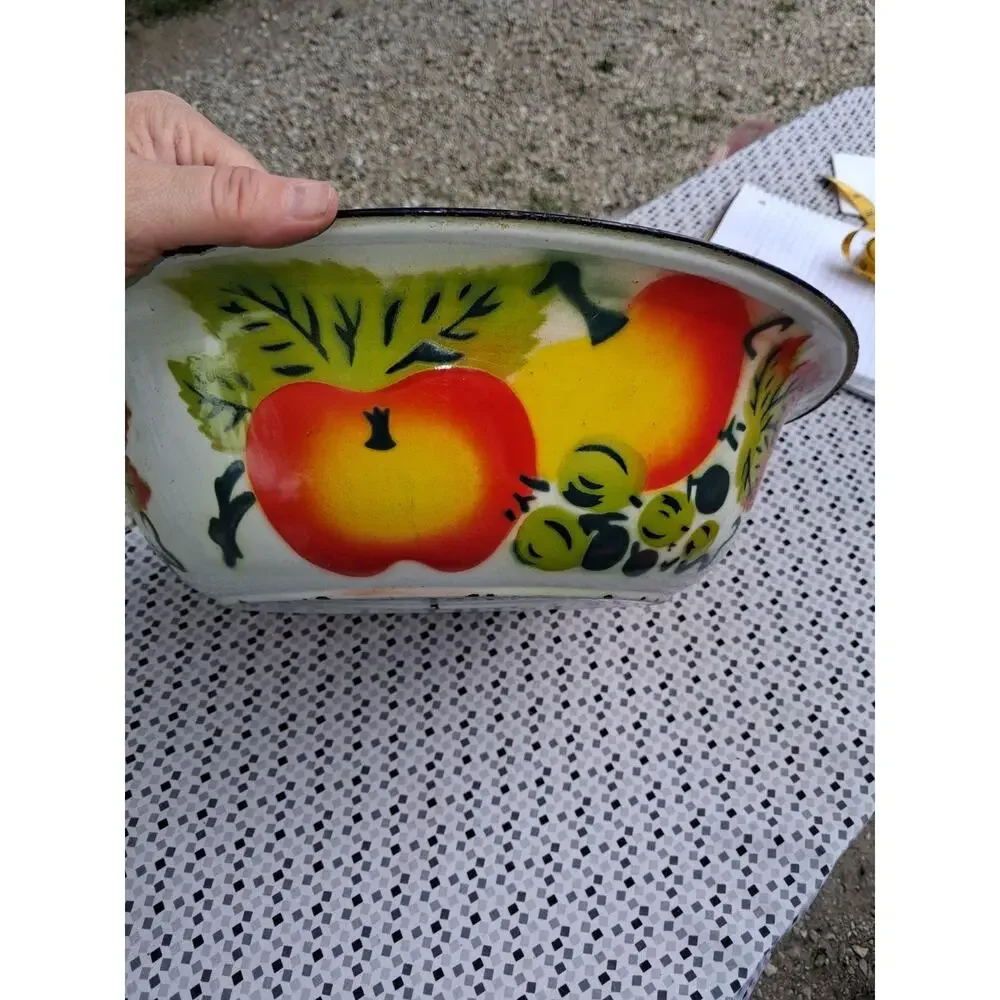 Vintage Enamel Metal Fruit Pattern Round Bowl 15 3/4 in Multicolor Painted